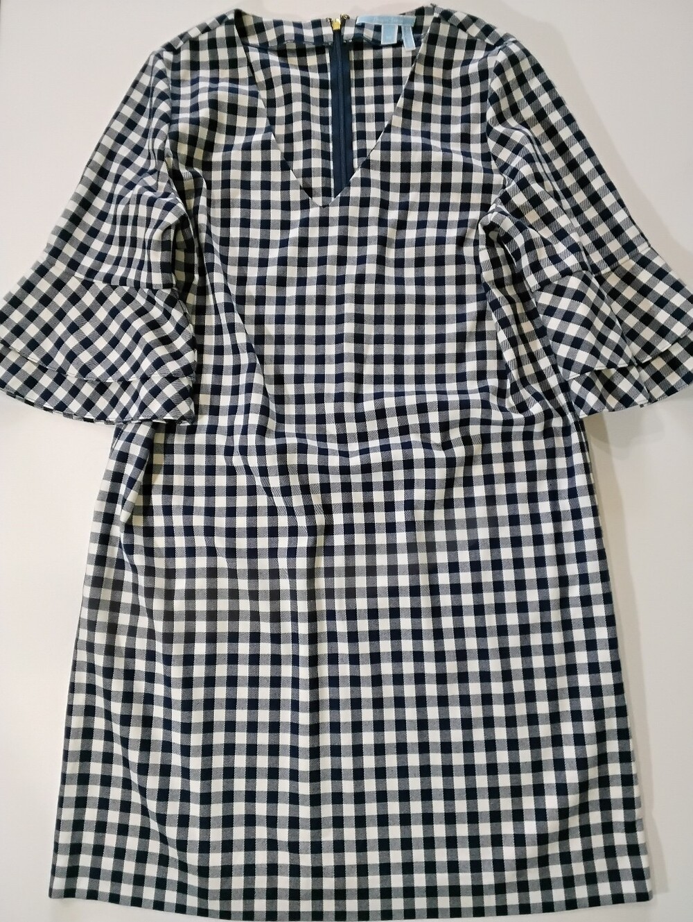 Draper James Midi‎ Dress Womens 10 Blue White Gingham Check Tiered Bell Sleeve